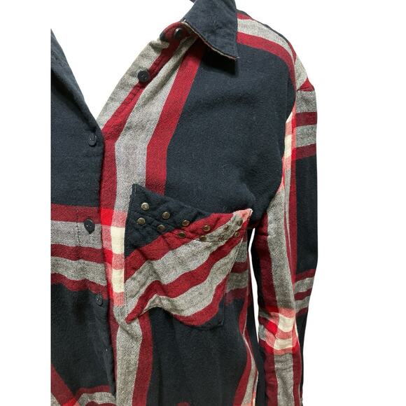 ZARA Basic Size Medium Fringe Plaid Shirt Dress Studded Pocket Long Sleeve - Picture 6 of 8